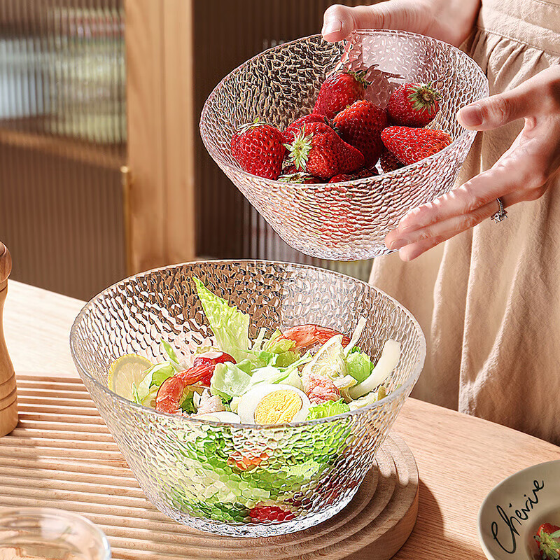 CRISTALGLASS Japanese-Style Glass Salad Bowl, Hammered Texture Transparent Glass Bowl, Large Size for Cold Dishes, Vegetables, Fruits, Dessert Bowl, 900ml