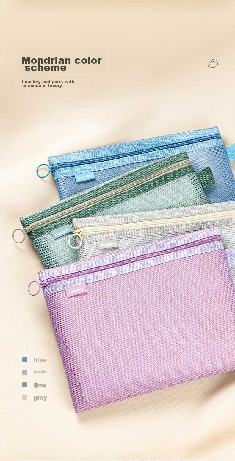 Deli A5 Zipper Document Bag, Subject-Specific Duolong Subject Bag, Handled Student Classification Storage, Homework Materials Exam Paper Stationery Bag, Single Mixed Color 6