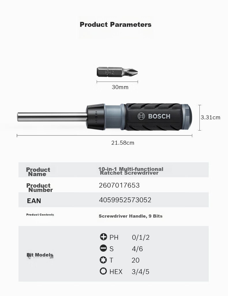 BOSCH 10-In Multifunctional Ratchet Screwdriver with Magnetic Handle, Three-Level Power Assist Knob, Integrated Storage Handle 1