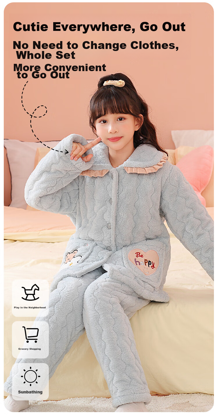 MiiOW Coral Fleece Padded Children's Pajamas, Girls' Loungewear, Cotton Jacket for Autumn And Winter, Three-Layer Thickened, for Older Children, Warm, 120cm 12