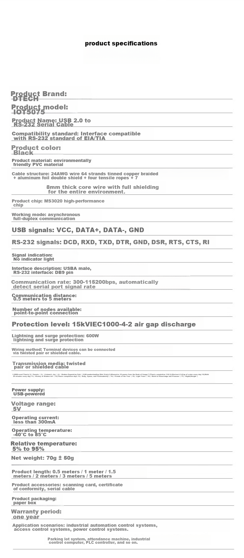 DTECH USB to RS232 Serial Cable, USB to DB9 Male Adapter Cable, Compatible with Attendance Machine, Cash Register, Label Printer, COM Port Debugging Cable, PLC Cable, IOT5075-2M 12
