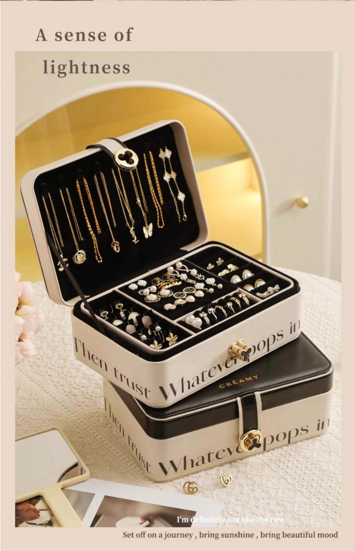 Fanyejia Luxury Large Capacity Lockable Jewelry Box for Necklaces, Rings, Watches, Gold, 3-Layer Organizer Gift Box 3