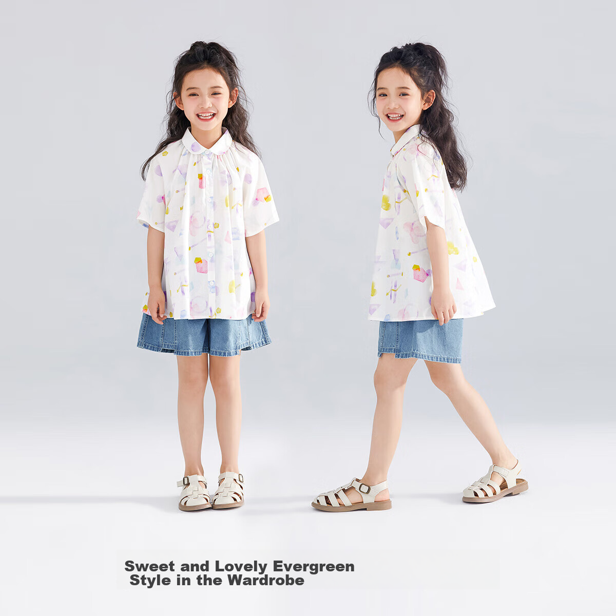QQ DUCK Girls' Shirt Summer Children's Cute Lapel Short-Sleeve Youth Clothing Graffiti White; 140