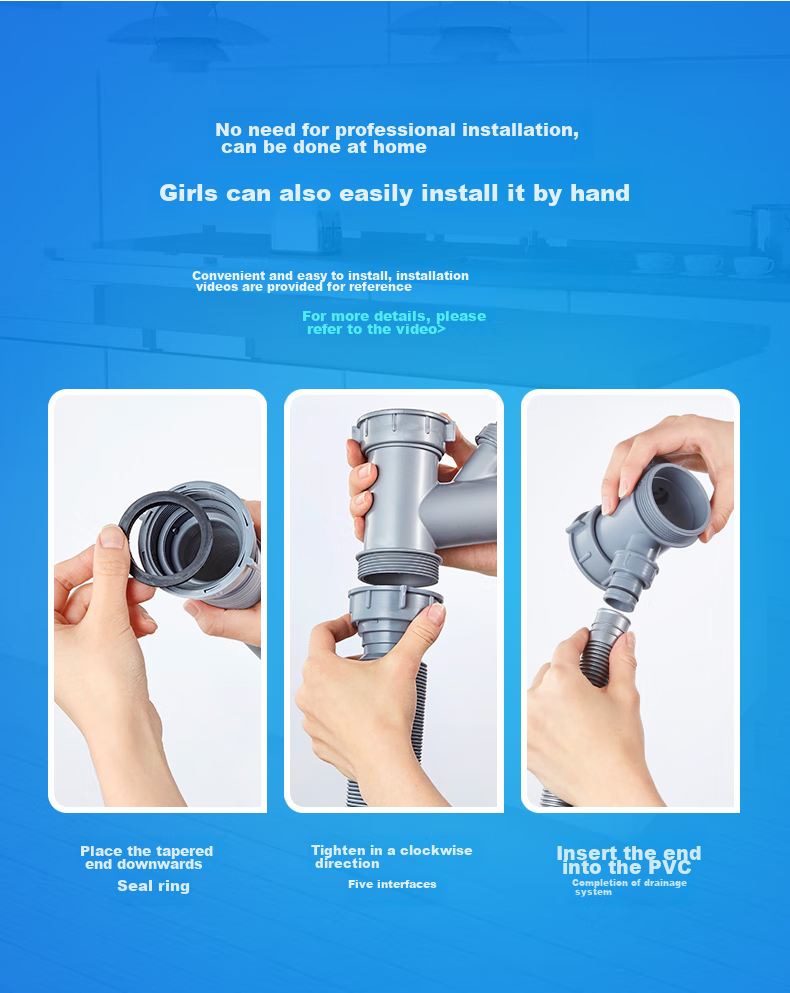 Submarine CSQ-12D Double-Slot Vegetable Washing Basin Drain Pipe, Basket 110 Drain Pipe Set, Side Wall-Mounted Drainage, Space-Saving Desig 3