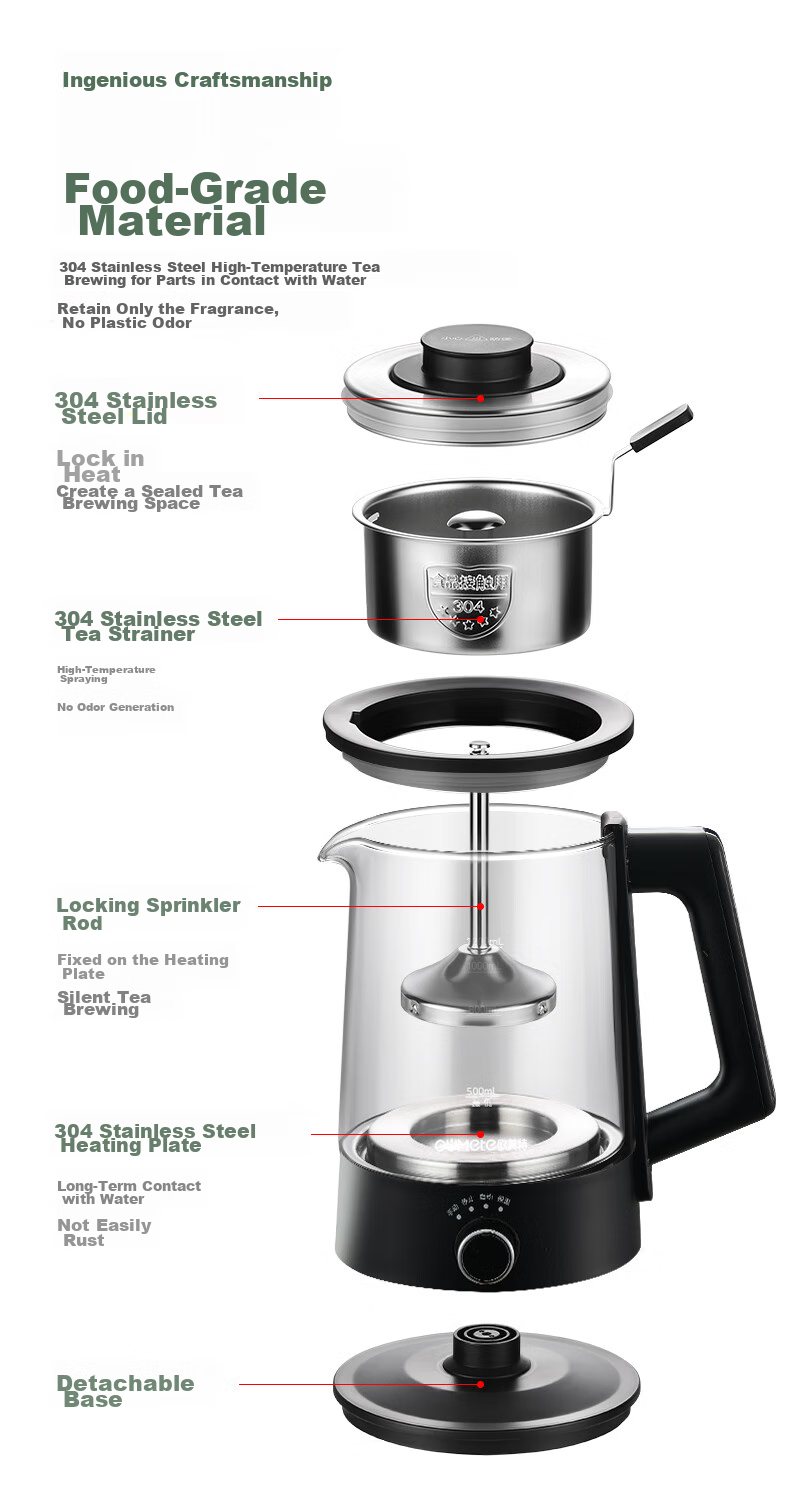 OUMETE Tea Kettle, Tea Maker, Spray-Type Steam Kettle, Health Pot, Glass Constant Temperature Insulated Tea Brewing Kettle OMT-PC1016A (Double Mesh) 14