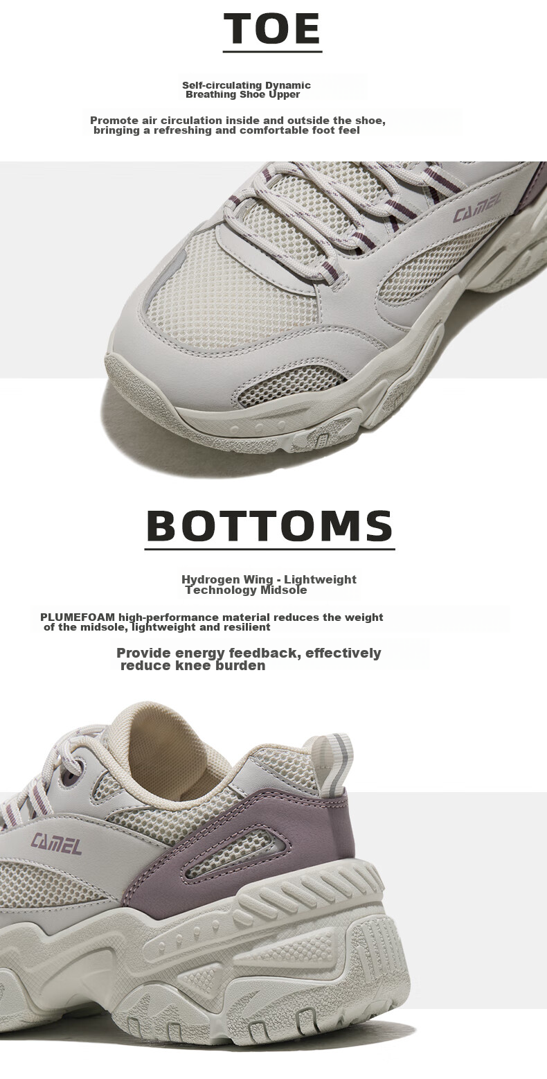CAMEL Retro Dad Sneakers Women's Thick Sole Height Increasing Casual Sports Shoes X24B09L7009 Cloud Mist White/Light Brown Size 35 47