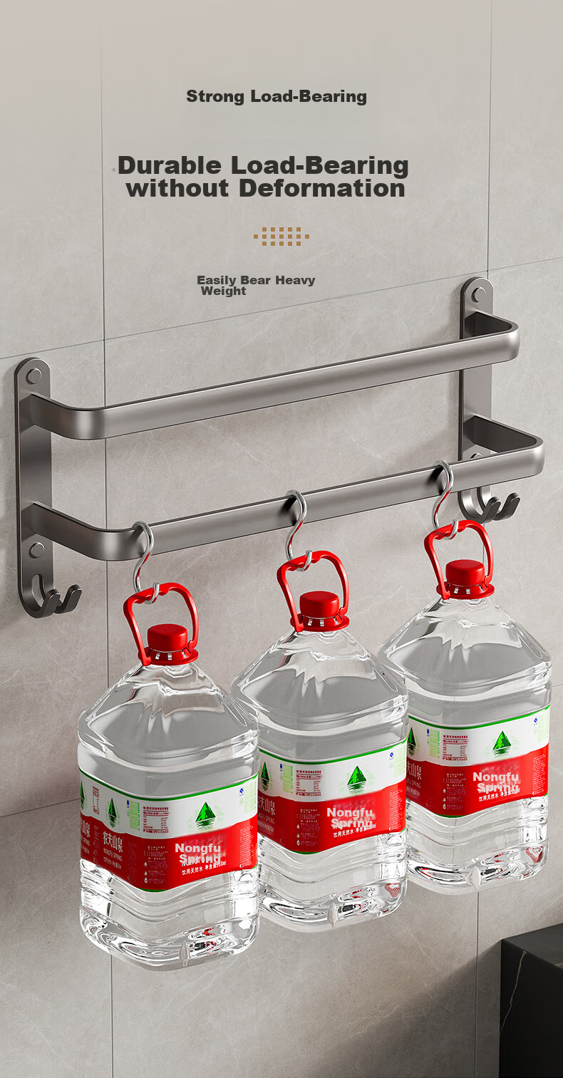 Baihan Towel Rack, Space Aluminum, No Drilling Required, Wall-Mounted Bathroom Storage Shelf with Hooks, Organizer Hanger Rod 5