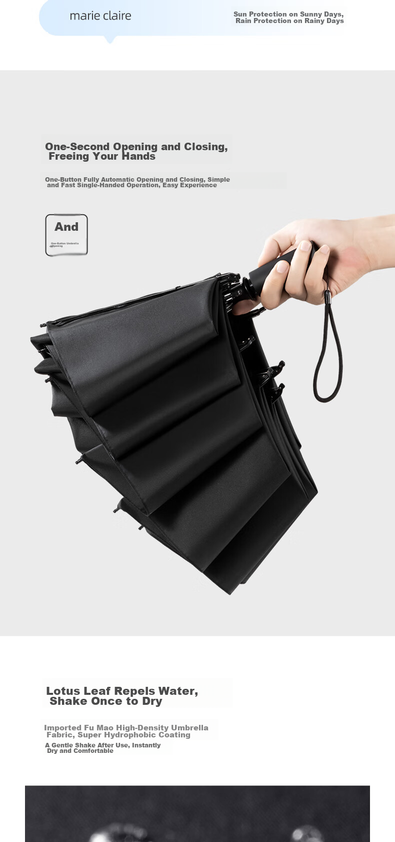 Marie Claire Reverse Fully Automatic Umbrella, Tri-Fold Enlarged Double-Person Umbrella, Storm Umbrella, Sun Protection, Shade for Men And Women, Gift 5