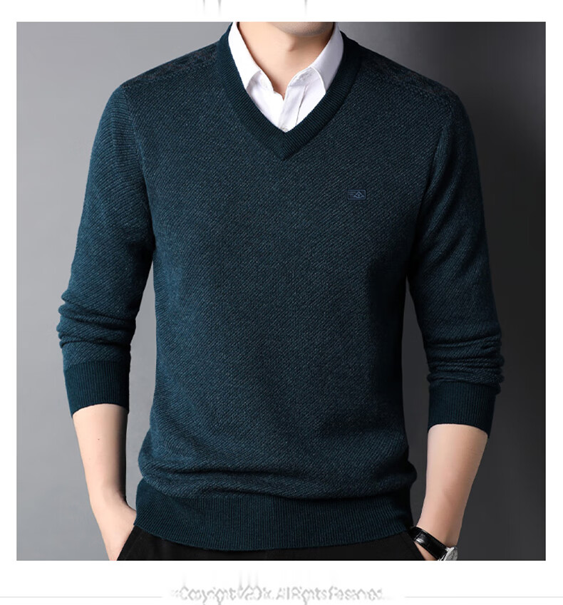 Hengyuanxiang 100% Pure Wool Men's V-Neck Thick Sweater Heart-Shaped Collar Men's Clothing 15213601 Blue Black 170/88A 7