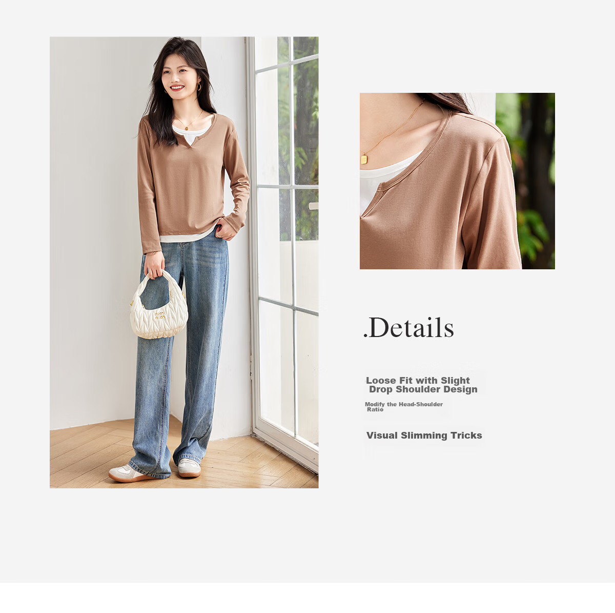 Taxiang Long-Sleeve T-Shirt for Women, Wilderness Maillard Small V-Neck Faux Two-Piece Top T-Shirt Spring Autumn Contrasting Color Base Shirt T143T2042 15