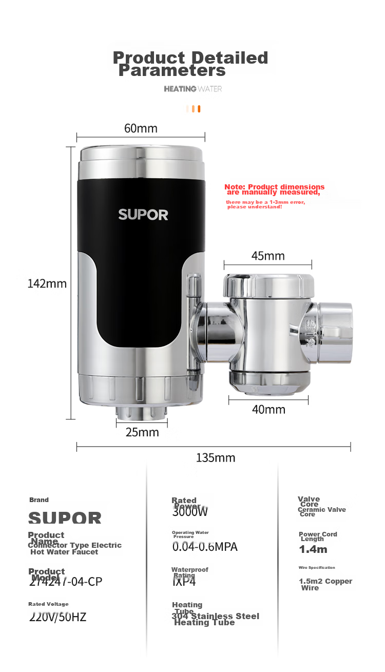 SUPOR Electric Hot Water Faucet, Instant Heating, Kitchen Treasure, Quick-Connect Fast Heating Electric Water Heater, for Bathroom And Balcony, Dual-Use for Cold And Hot Water, Heater 274247-04-CP with Free Leak Protectio 15