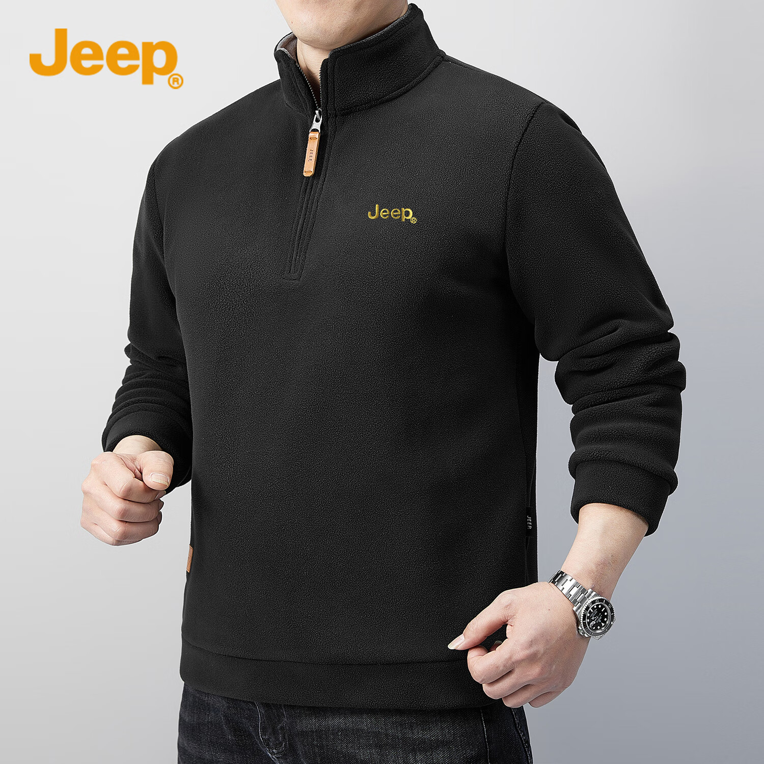 JEEP Fleece-Lined Sweatshirt for Men, Loose Long-Sleeve T-Shirt, Men's Trendy Clothing, Style 053, Black, 2XL