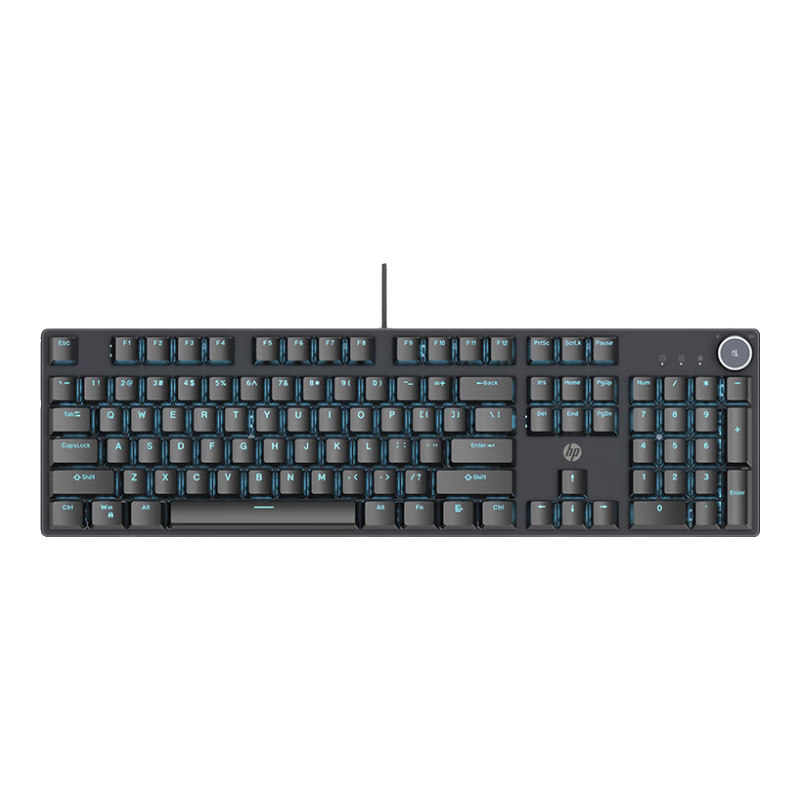 HP K10G-104 Black Ice Blue Light Green Switch Mechanical Keyboard Wired Gaming Keyboard E-Sports Internet Cafe Metal Panel Full Anti-Ghosting Hot-Swappable