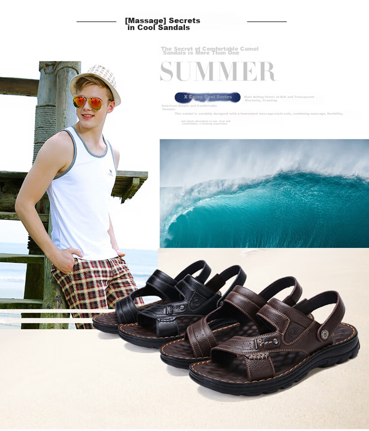 CAMEL Brand Men's Casual Slippers, Genuine Leather Sandals, Cowhide Breathable Wear-Resistant Beach Shoes, W822287612, Brown, Size 40 3