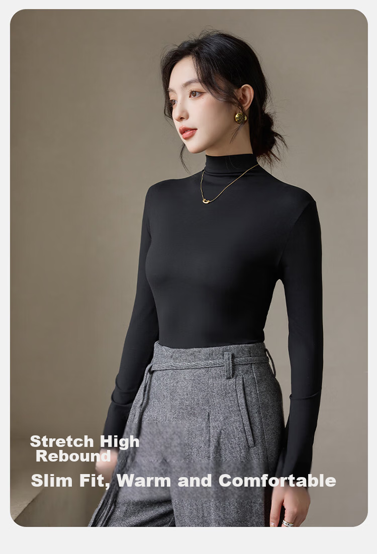 LangSha Turtleneck Base Layer for Women, Inner Wear, Warm, Form-Fitting, Spring And Summer, Antibacterial, Anti-Mite, Black Long-Sleeve T-Shirt, Brushed Warm Top 12