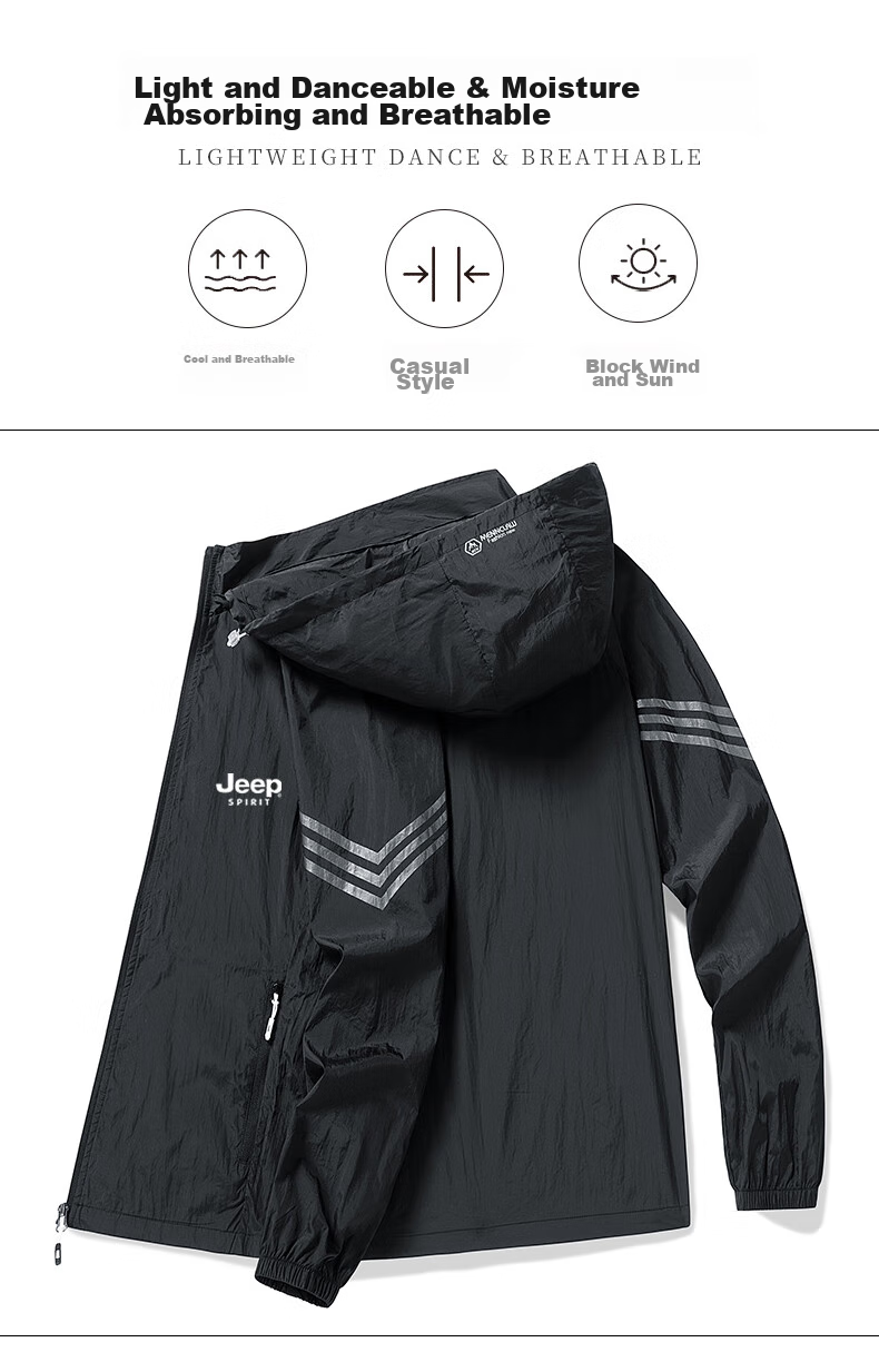 JEEP SPIRIT Men's Sun Protection Jacket, Summer UV-Resistant Hooded Coat, Casual Outdoor Jacket, Skin-Friendly Clothing, Gray, XL 5