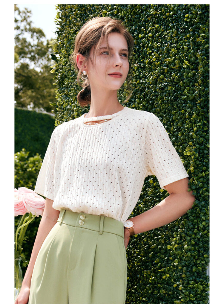 Olrain [Advanced Commuter Knit Top] Short-Sleeve T-Shirt, Summer Women's Wear, Distinct Textured Blouse, Apricot Color, Size M 15