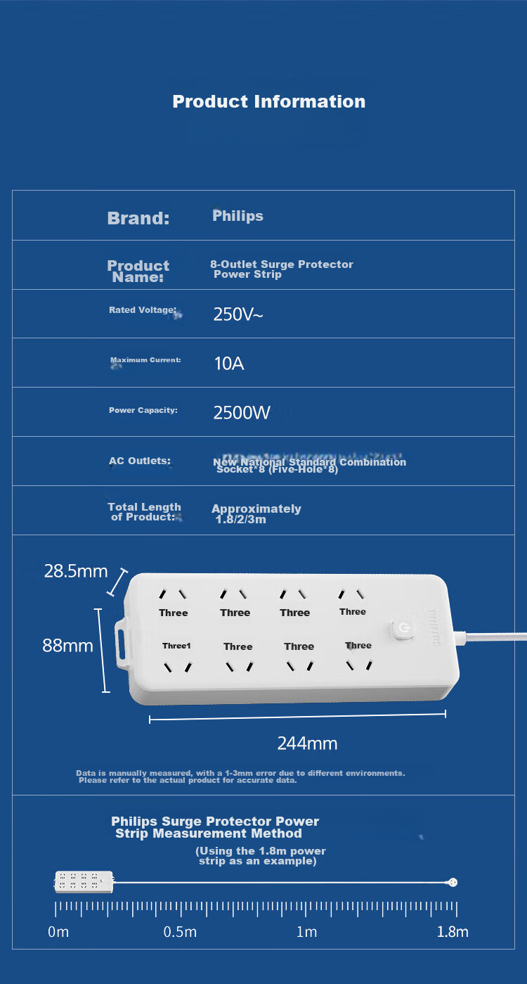 PHILIPS New National Standard Power Strip with 6 Outlets And Combination Holes, Overload Protection, Master Switch, 2.8m Extension Cord for Children's Safety, Dormitory Power Strip/Extension Cord/Power Board 13