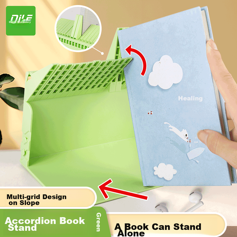 DiLe Accordion Bookend Reading Stand, Single Book Fixed Desk Organizer, Space-Saving Student Green 9015 Desktop Book Holder, Book Clamp Stand, Desktop Fixed Book Holder