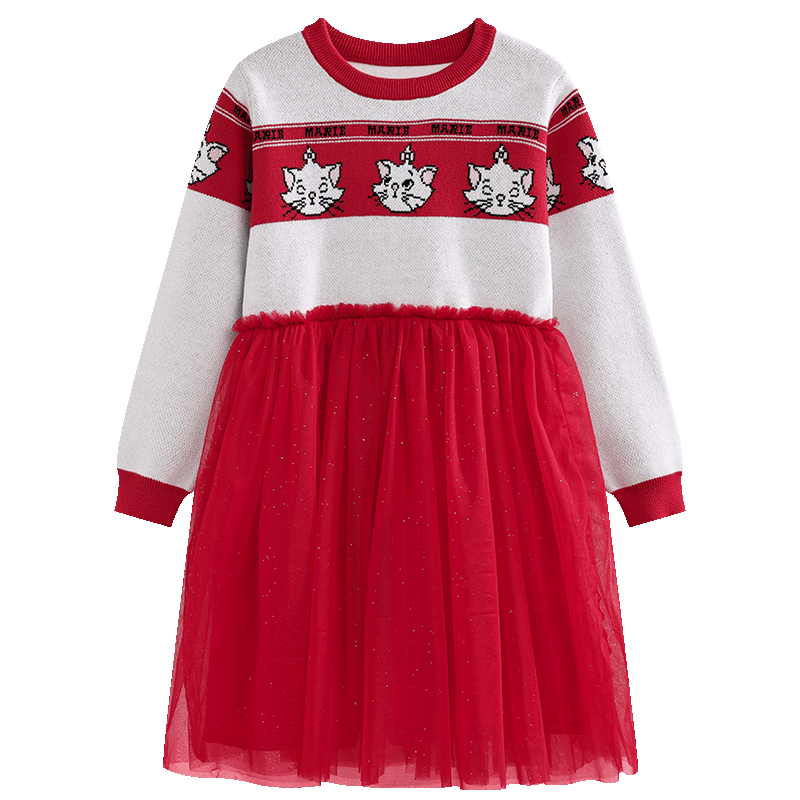 DISNEY Kids Girls Knit Long Sleeve Dress Mesh New Year Red Dress 23 Winter DB341RE02 Red 110