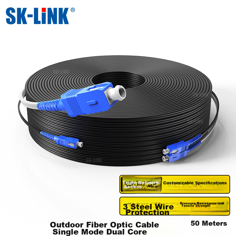 SK-LINK Single-Mode Dual-Core Outdoor Fiber Optic Cable, 2 Cores 3 Steel Wires SC-SC Pigtail Fiber Optic Network Cable for Home Installation, Low Smoke Zero Halogen 50 Meters SWGL2SM-50M(SC)
