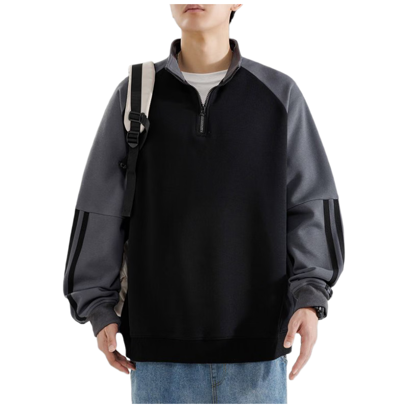 MMOPTOP American-Style Half-Zip Sweatshirt for Men, Spring And Autumn Season, Contrasting Color Raglan Sleeve, Loose Casual Top, 8905 Black XL