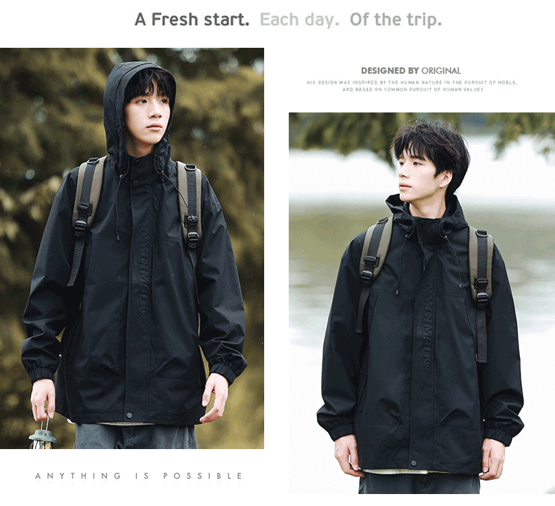 Foss Phil Men's Jacket, Spring And Autumn Outdoor Casual Sports Loose Versatile Hooded Windbreaker Top FPJK9 Black XL 13