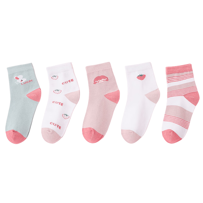 LangSha Children's Socks, Girls' Mid-Calf Cotton Socks for All Seasons, Student Casual Sports Short Socks, 5 Pairs Pack, Pink Strawberry, 2XL