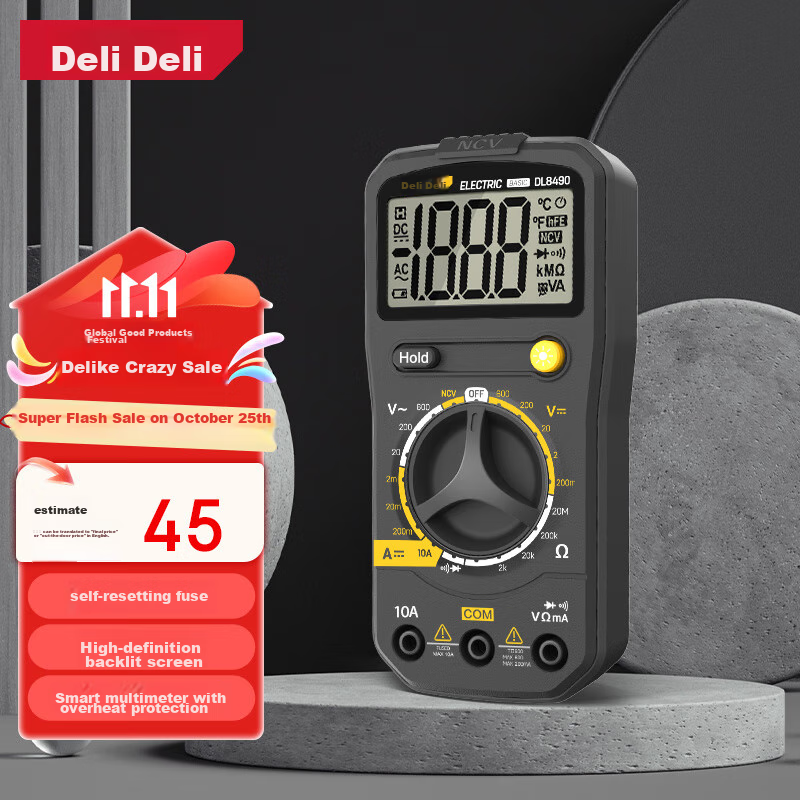 Цифровой мультиметр Deli DL8490, 3.5 разряда, 600В, бытовой, универсальный, амперметр, вольтметр, омметр, измерение переменного и постоянного напряжения, тока, сопротивления
