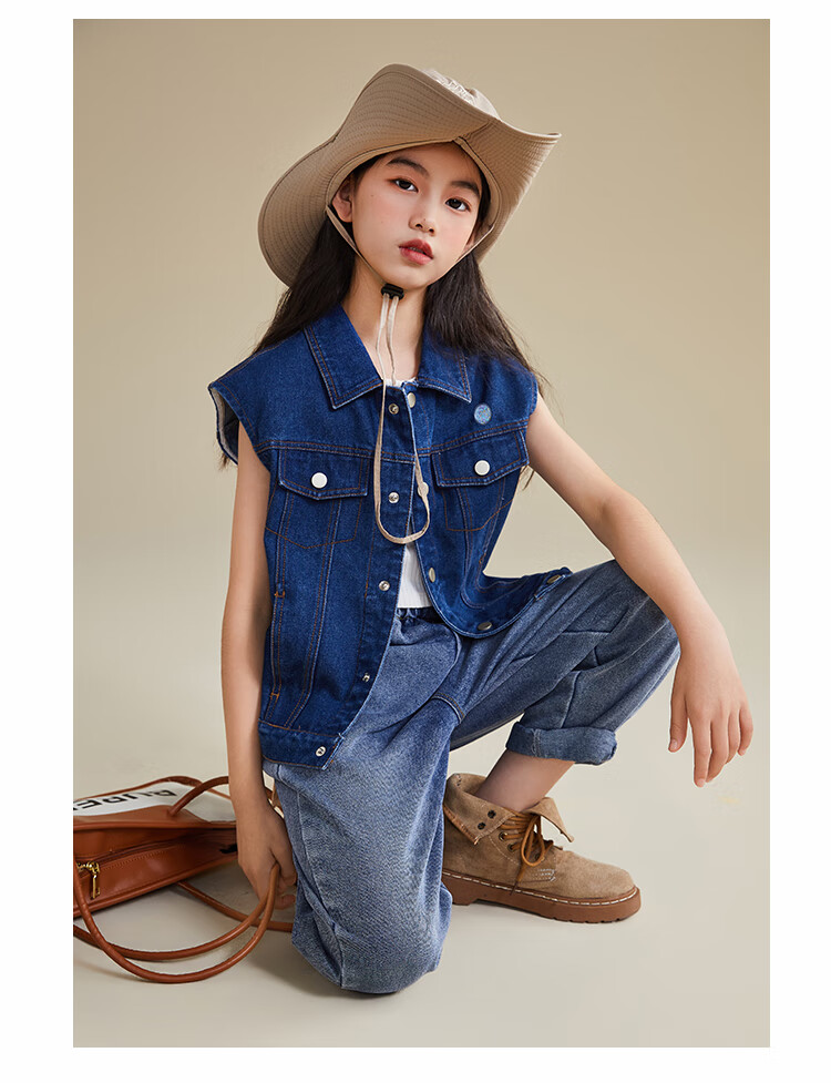 QQ DUCK Children's Denim Vest, Girls' Sleeveless Jacket, Youth Clothing, Classic Vest in Light Blue; Size 130 19
