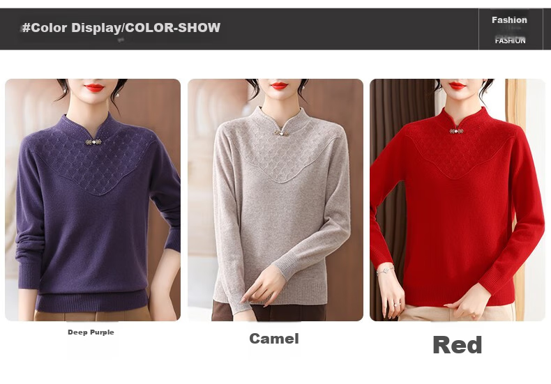 Hengyuanxiang Women's 100% Pure Wool Sweater, New Chinese Style Middle-Aged Mom's Outfit, 50-60 Years Old Stylish Zodiac Year Base Layer Red Sweater 10