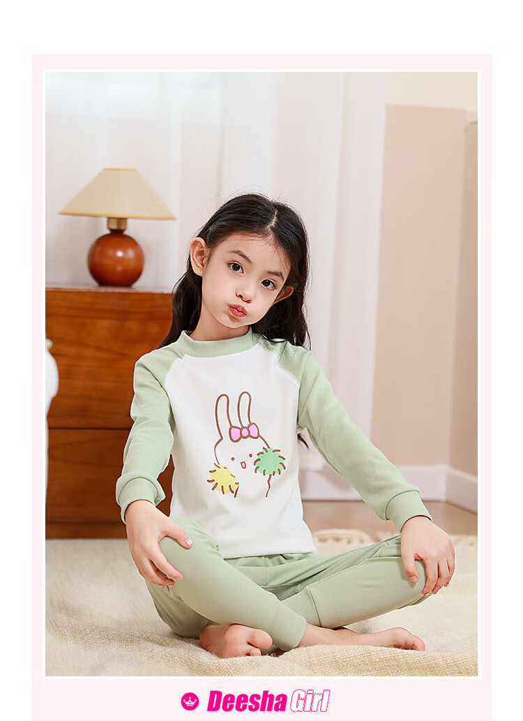 DEESHA 5A Antibacterial 100% Cotton Girls' Thermal Underwear, Student Mid to Big Kids Autumn Top And Pants, Light Pink Heart Rabbit, Size 120 4