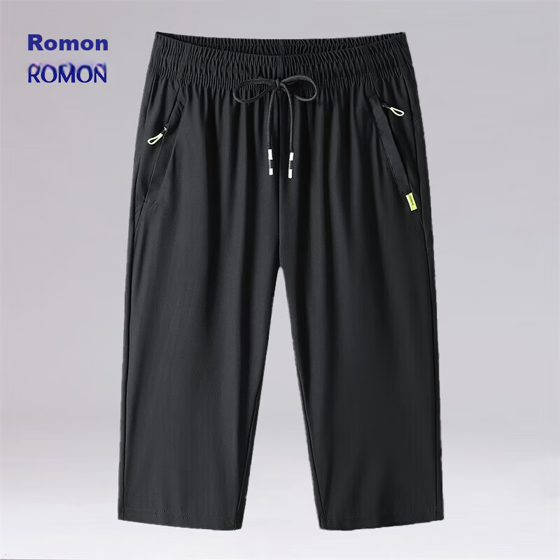 ROMON Men's Shorts, Summer Ice Silk Quick-Dry Casual Outdoor Sports Elastic Breathable Large Size Three-Quarter Pants for Men, 2105 Black L