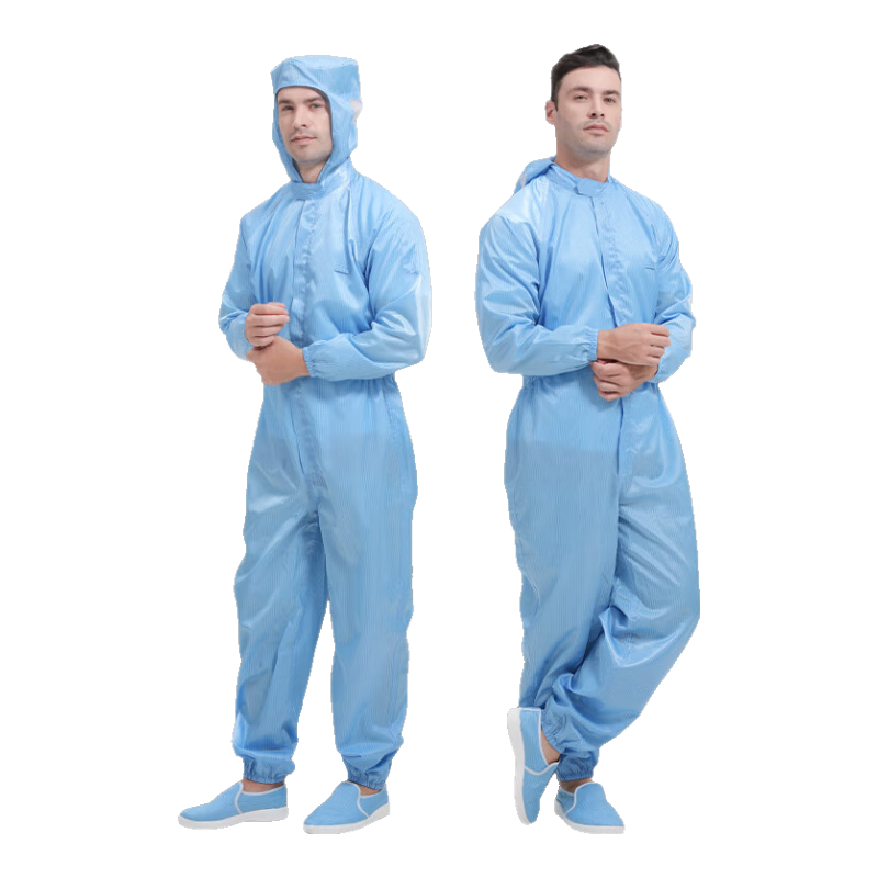 WK Cleanroom Suit Dustproof Anti-Static Workwear for Dust-Free Workshop, Striped Hooded Three-Piece Set, Blue, 2XL, Customizable