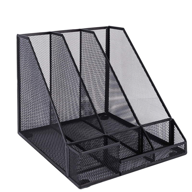 Deli Triple Metal File Organizer with Pen Holder, Office Desktop Storage Box, Multi-Layer Document Rack, Mesh Hollow File Storage Shelf, Black 78987