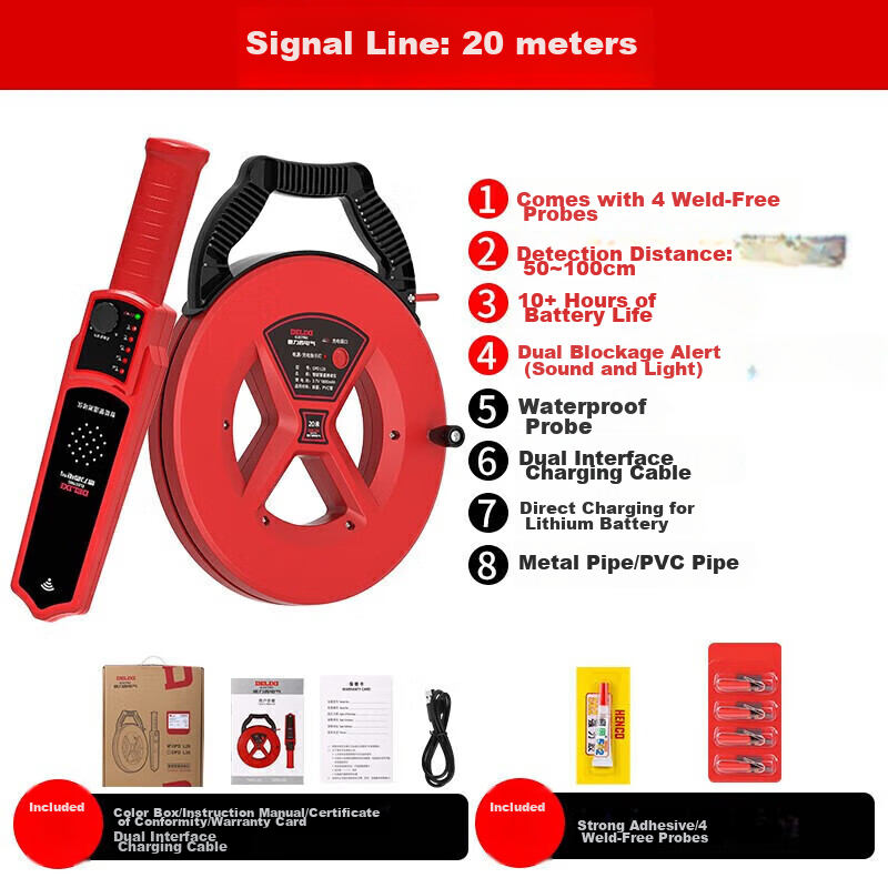 DELIXI ELECTRIC Intelligent Pipeline Blockage Detector, High-Precision Blockage Detection Device, Electrician's Blockage Detector, Detection Instrument, 20 Meters