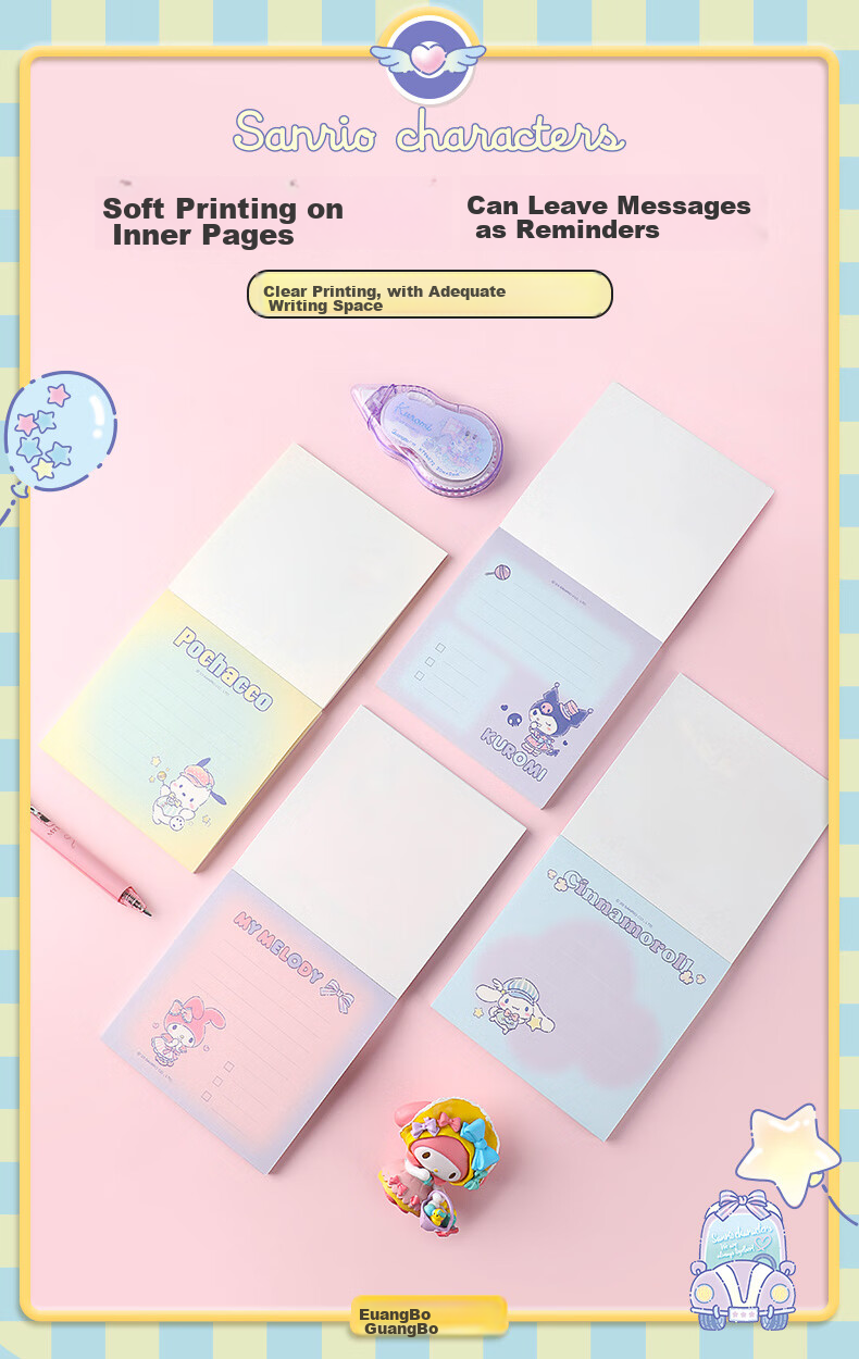 GuangBo X Sanrio Co-Branded Square Notebook, Mini Pocket Notebook, Memo Pad, Aesthetically Pleasing Journal, Notepad, 100*100mm/80 Sheets, Half-Person Fish Red, KT81387 5