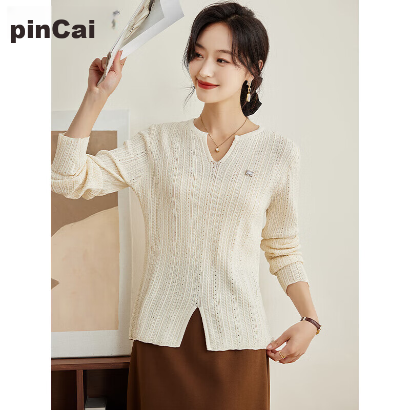 PinCai Women's Knit Sweater, Spring And Autumn Thin Style, Niche V-Neck Split Knit Top, Loose Inner Layer Base Shirt P143Z3008