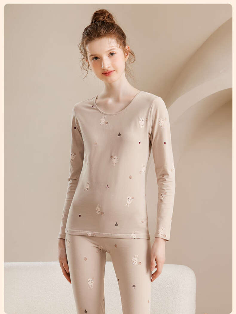 Fenteng Women's Thermal Underwear Pure Cotton 2025 New Style [Light Warm Underwear] Round Neck Small Floral Autumn Top and Bottom Set 25