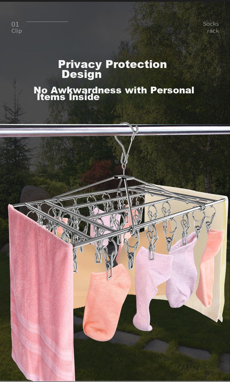 MENGTING Stainless Steel Clothes Drying Rack, 36 Clips for Socks, Windproof Rotatable Thickened Frame 5