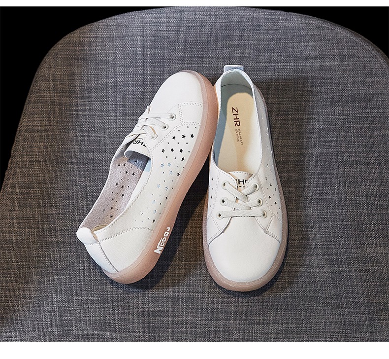 ZHR White Leather Shoes for Women with Jelly Sole, Breathable Mesh Hole Shoes, Summer Trendy Fashion Casual Versatile Flat Shoes, Soft Comfortable Low-Top Shoes for Women A66E Casual Shoes Beige 35 13