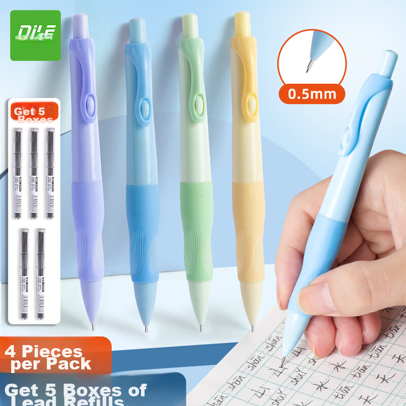 DiLe Ergonomic Pencils for Elementary School Students, 0.5mm Mechanical Pencils for First And Second Graders, Thick Barrel for Correct Grip, 4 Pencils [One Each in Four Colors] + 5 Boxes of Lead Refills, 323