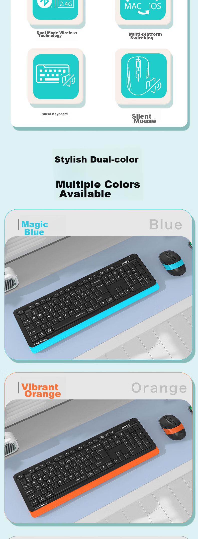 A4TECH FB1010Q, 104-Key Bluetooth Keyboard And Mouse Set, Wireless Keyboard And Mouse Set with Bluetooth Key/Mouse Combo, Quiet Keyboard And Mouse Set, Vibrant Orange, Bluetooth/wireless 2