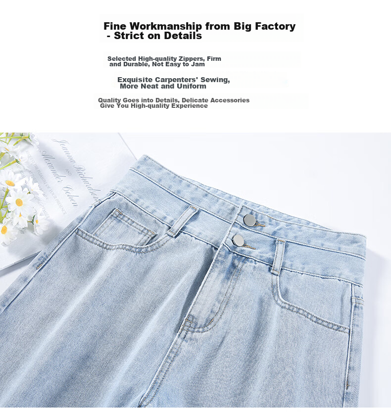 Jeanswest Women's High-Waisted Slimming Straight-Leg Wide-Leg Jeans with Design Flair, Summer Style, Light Blue, Size L 7