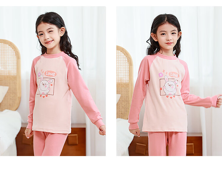 DEESHA 5A Antibacterial 100% Cotton Girls' Thermal Underwear, Student Mid to Big Kids Autumn Top And Pants, Light Pink Heart Rabbit, Size 120 9