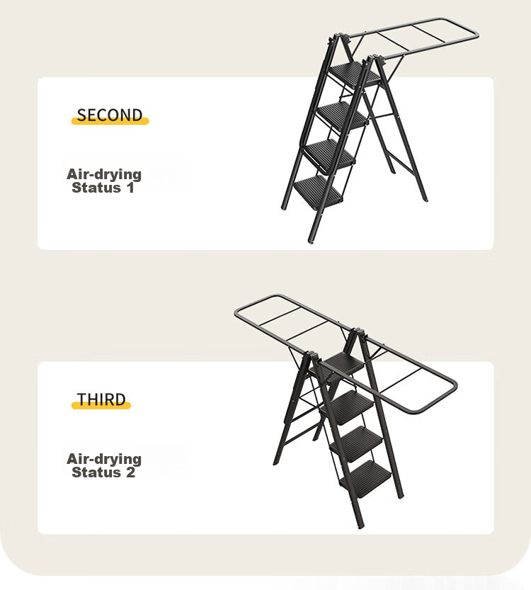 DU PONT Ladder, Household Clothes Drying Rack, Dual-Purpose Multifunctional Folding A-Frame Ladder, Widened Clothesline, No Installation Required [Yao Black], 5 Steps 7