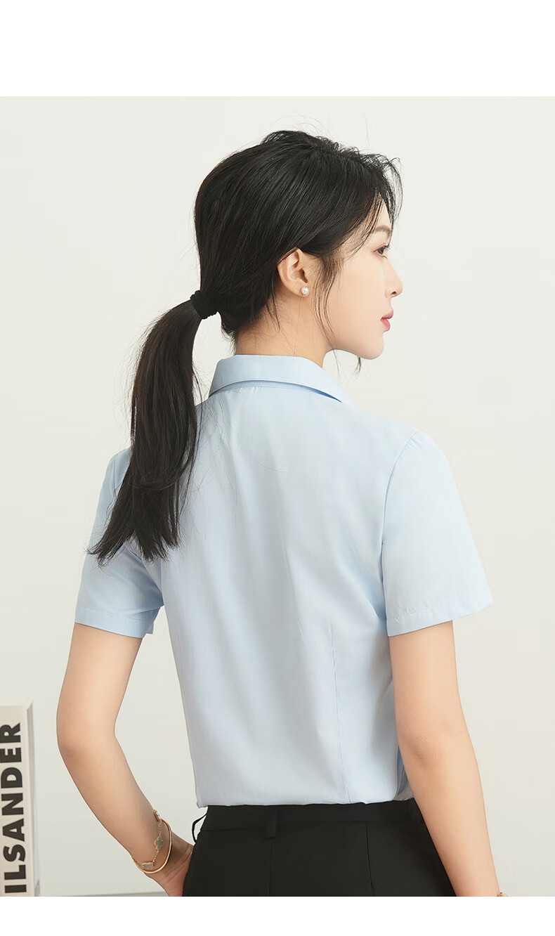 ROMON Cotton Short Sleeve Shirt Women V-Neck Business Casual Slim Fit Workwear Commuting White Shirt 12