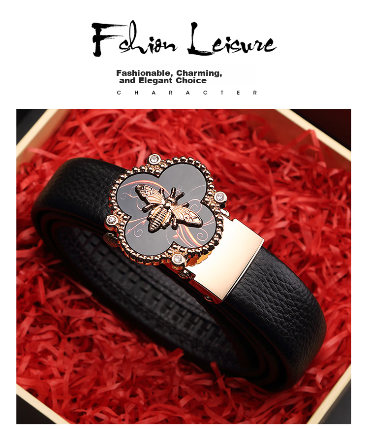 CROCODILE Top-Grain Genuine Leather Versatile Women's Automatic Buckle Belt, Exquisite Bee Buckle Waist Belt, 12821 Black 1