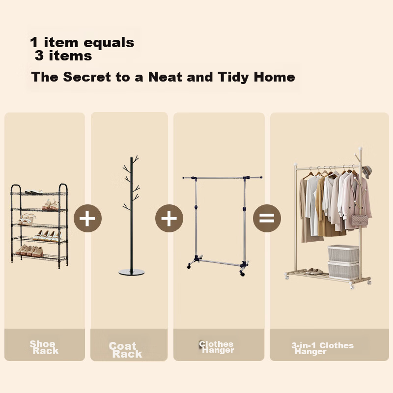 QIAONAMEI Coat Rack Floor-Standing Clothes Hanger for Home Bedroom Balcony Multifunctional Movable Drying Rack 2006NX Milk Tea Color