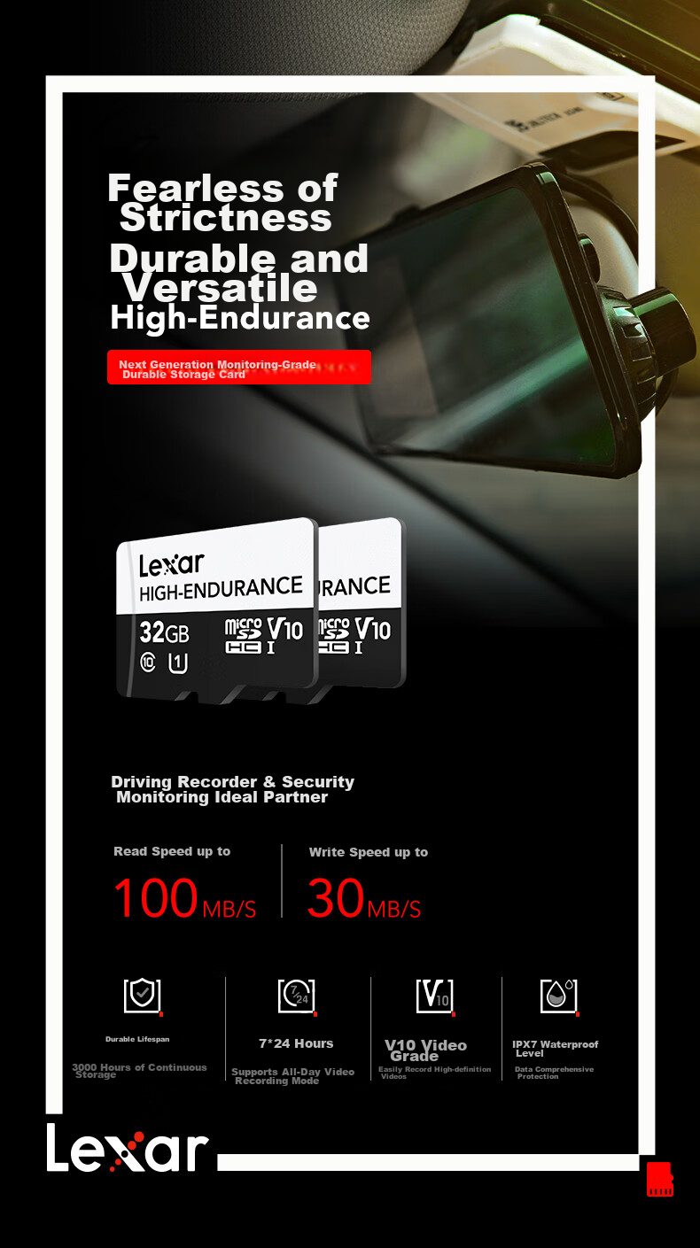 Lexar 32GB TF (MicroSD) Memory Card, C10 UHS-I, Read Speed 100MB/s, Highly Durable, for Dash Cam & Security Monitoring 1